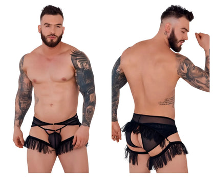 Black lace-trimmed fringed mens lingerie briefs with sheer mesh front and adjustable straps pikante PIK 1294 black