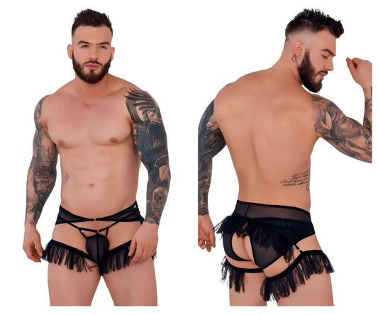 Black lace-trimmed fringed mens lingerie briefs with sheer mesh front and adjustable straps pikante PIK 1294 black