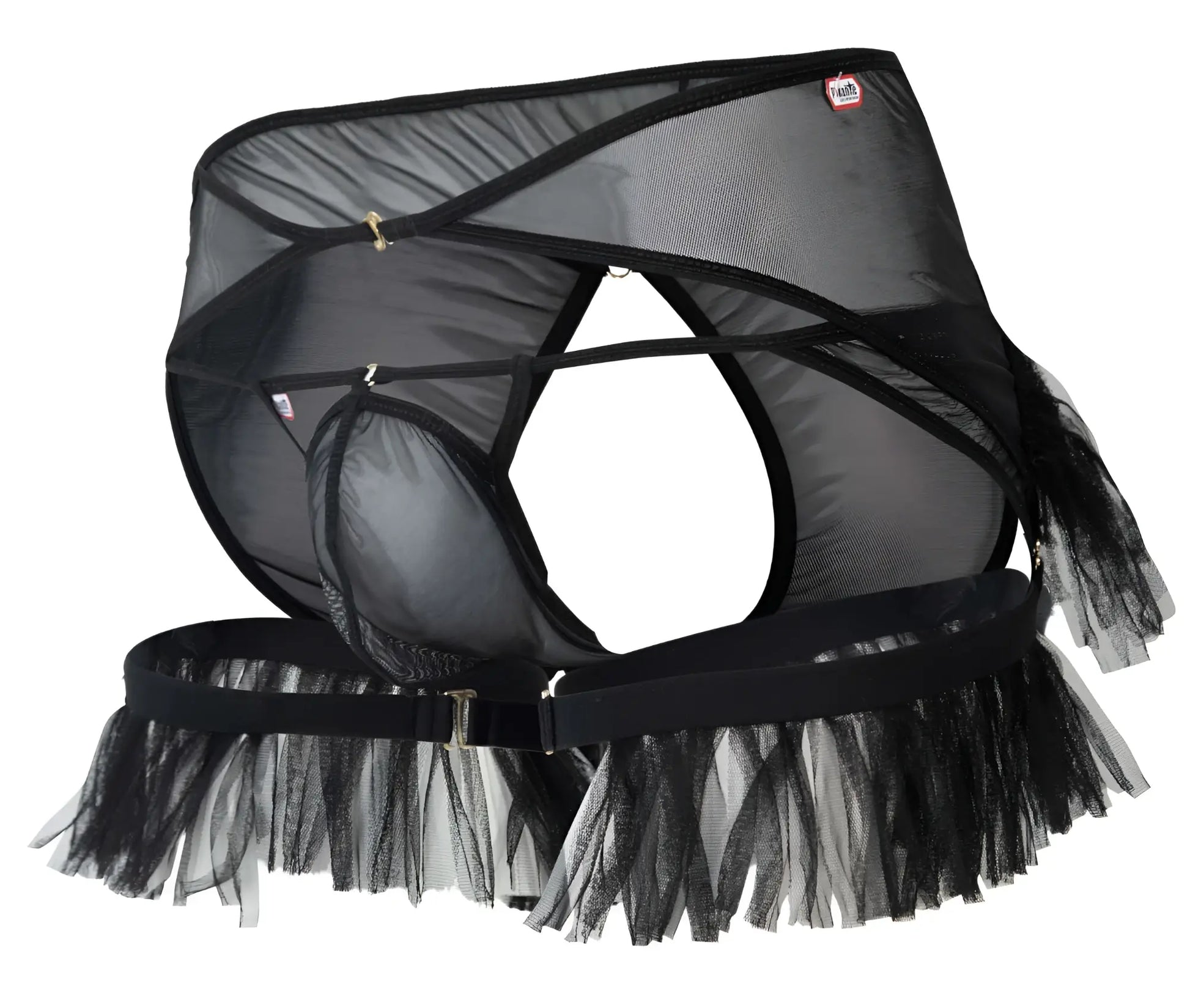 Black mesh Pikante PIK 1294 Greenman jockstrap lingerie set with tulle fringe and adjustable straps in black