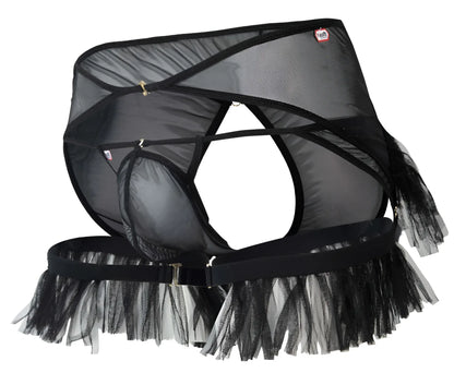 Black mesh Pikante PIK 1294 Greenman jockstrap lingerie set with tulle fringe and adjustable straps in black