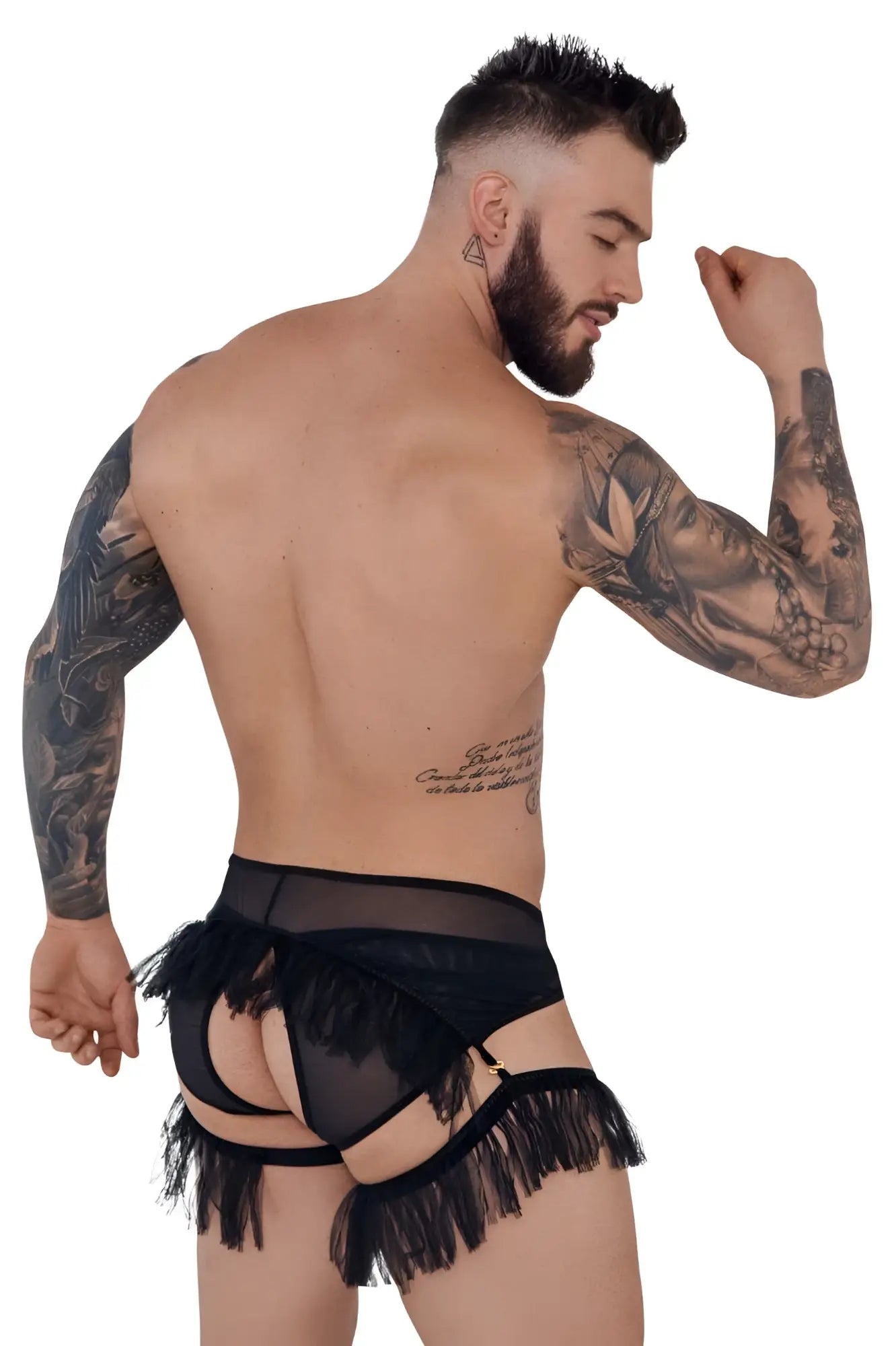 Black sheer lace garter belt with fringed detailing from pikante pik 1294 greenman jockstrap in black color