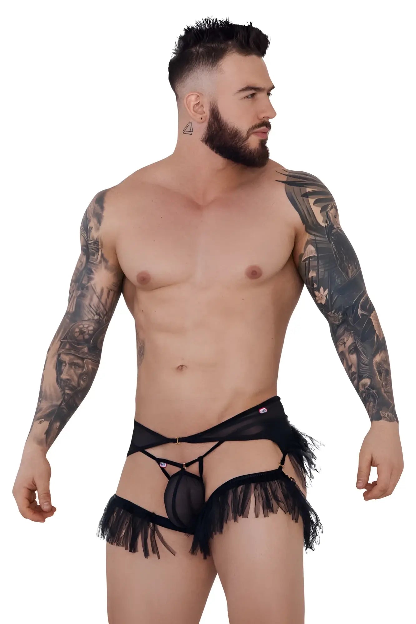 Black sheer lace thong with fringe detailing from pikante pik 1294 greenman jockstrap in black shown from back side