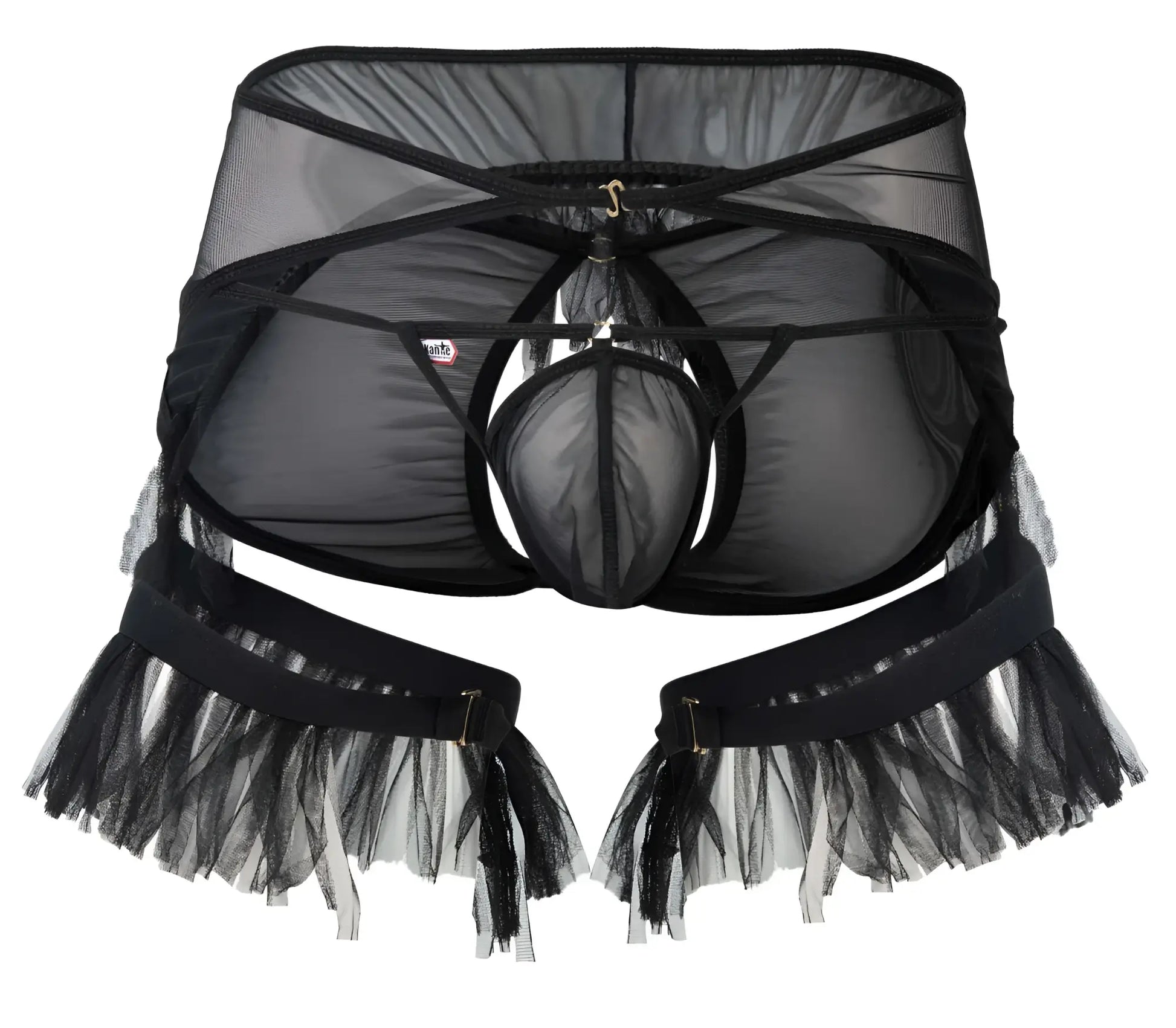 Black sheer mesh men’s lingerie jockstrap with tulle fringe and adjustable straps by pikante pik 1294