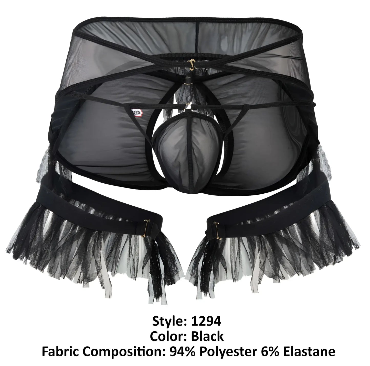 Black sheer mesh men’s lingerie with tulle fringe and adjustable straps from pikante pik 1294 greenman jockstrap