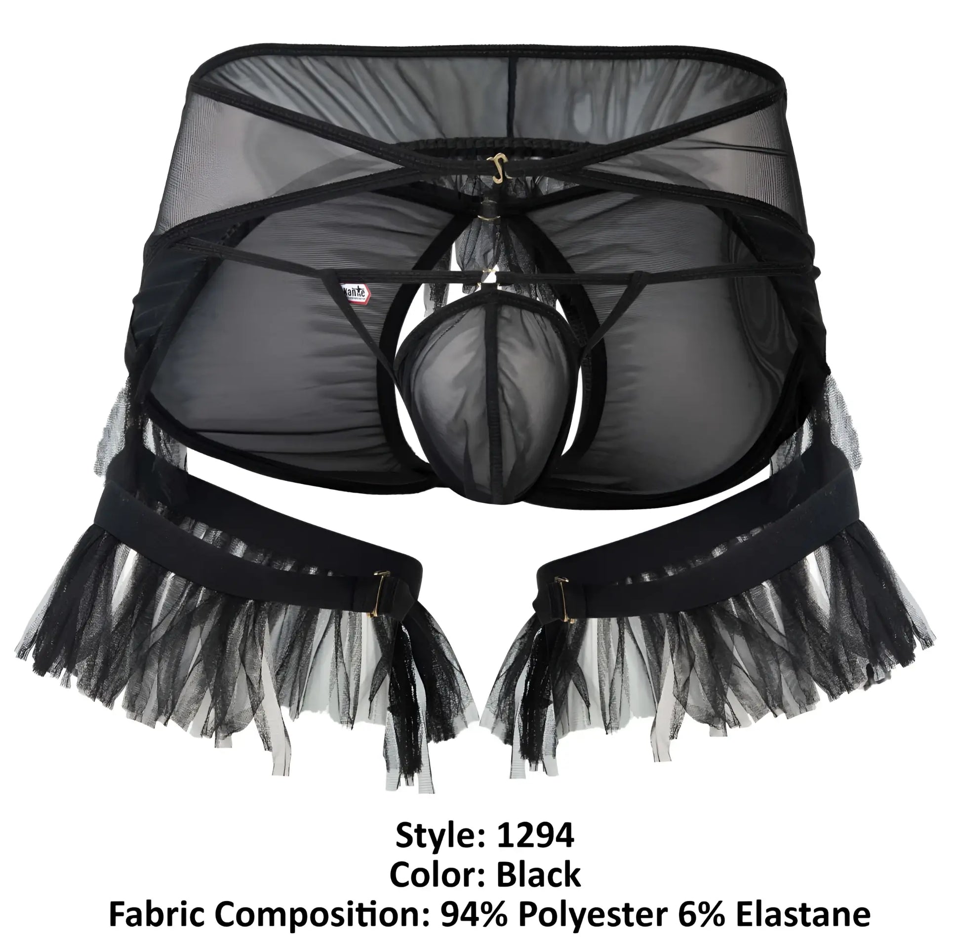Black sheer mesh men’s lingerie with tulle fringe and adjustable straps from pikante pik 1294 greenman jockstrap