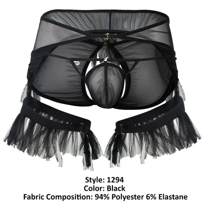 Black sheer mesh men’s lingerie with tulle fringe and adjustable straps from pikante pik 1294 greenman jockstrap