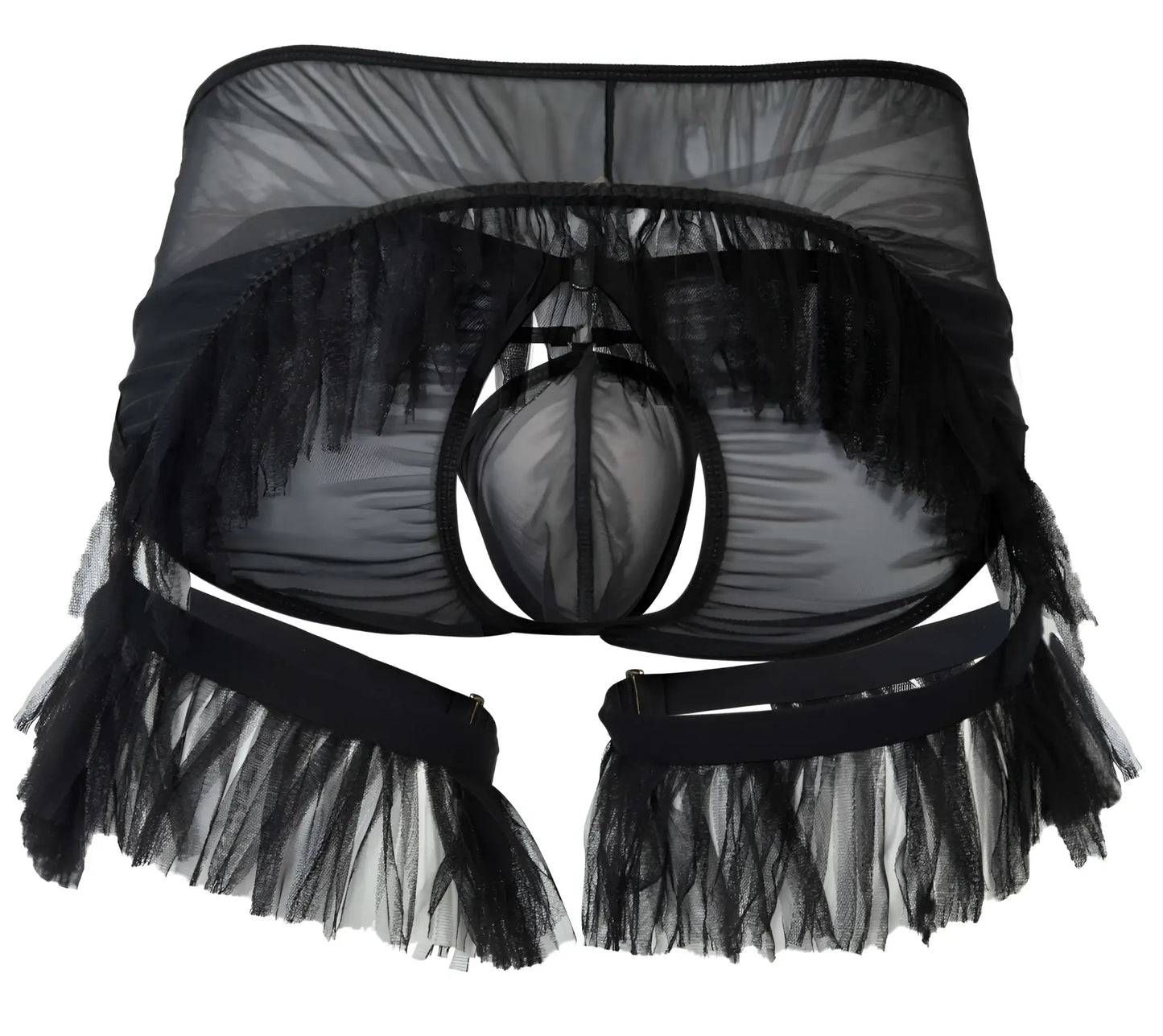Black sheer tulle lingerie with fringed edges and central mesh panel in pikante Pik 1294 Greenman jockstrap black