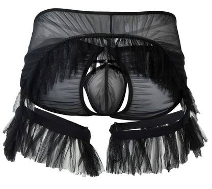 Black sheer tulle lingerie with fringed edges and central mesh panel in pikante Pik 1294 Greenman jockstrap black