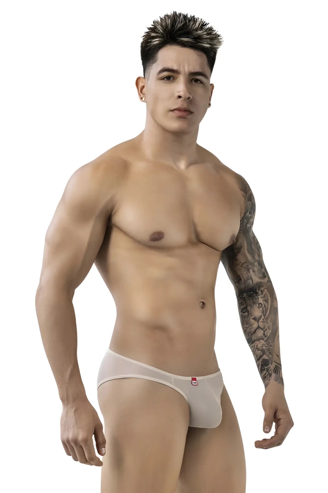 Beige mesh briefs with a small red Pikante logo on the waistband from the PIK 1822 luxury collection