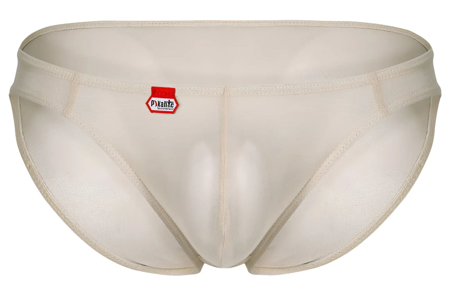 Beige Pikante PIK 1822 luxury mesh briefs with a red and white brand tag on the waistband