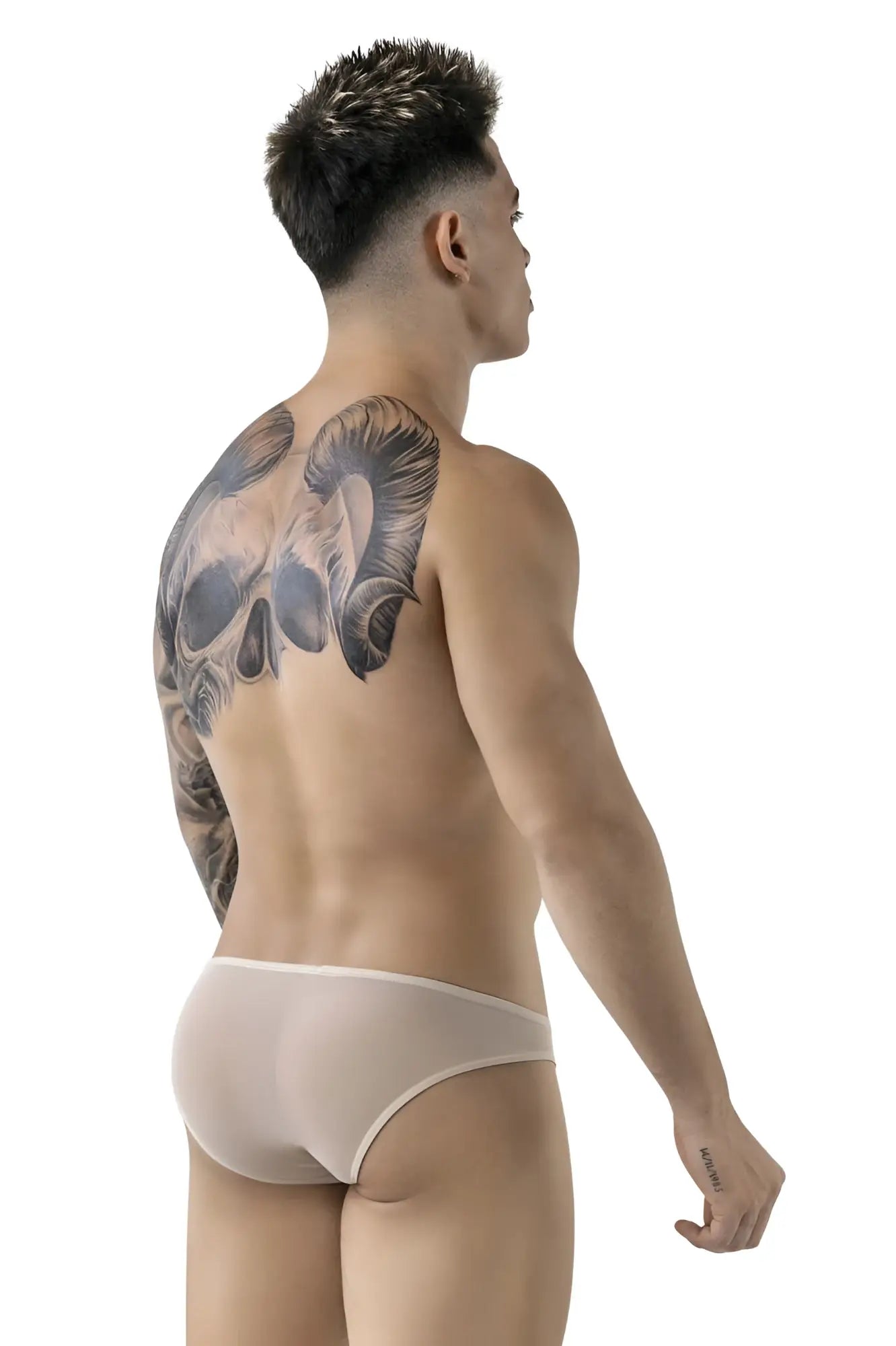 Translucent beige mesh briefs pikante pik 1822 luxury briefs showing front view with breathable fabric design