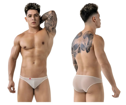 White sheer mesh Pikante PIK 1822 luxury briefs in beige with a small red logo on the waistband