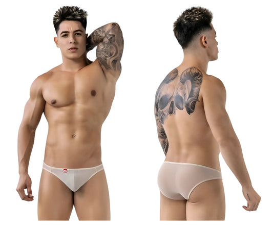 White sheer mesh Pikante PIK 1822 luxury briefs in beige with a small red logo on the waistband