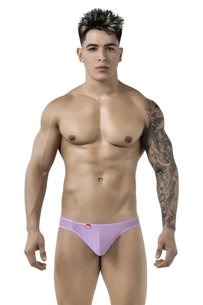 Lavender-colored form-fitting brief-style underwear with red logo on waistband from pikante pik 1822 luxury briefs color lilac