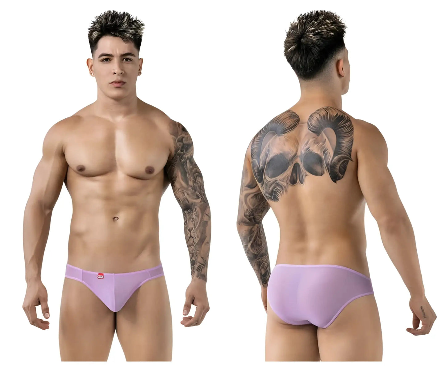 Lavender-colored sheer mesh briefs with a small red pikante logo on the front for luxury comfort and style