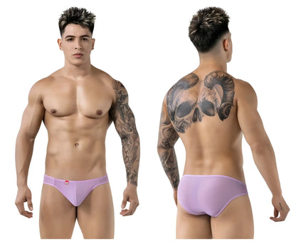 Lavender-colored sheer mesh briefs with a small red pikante logo on the front for luxury comfort and style