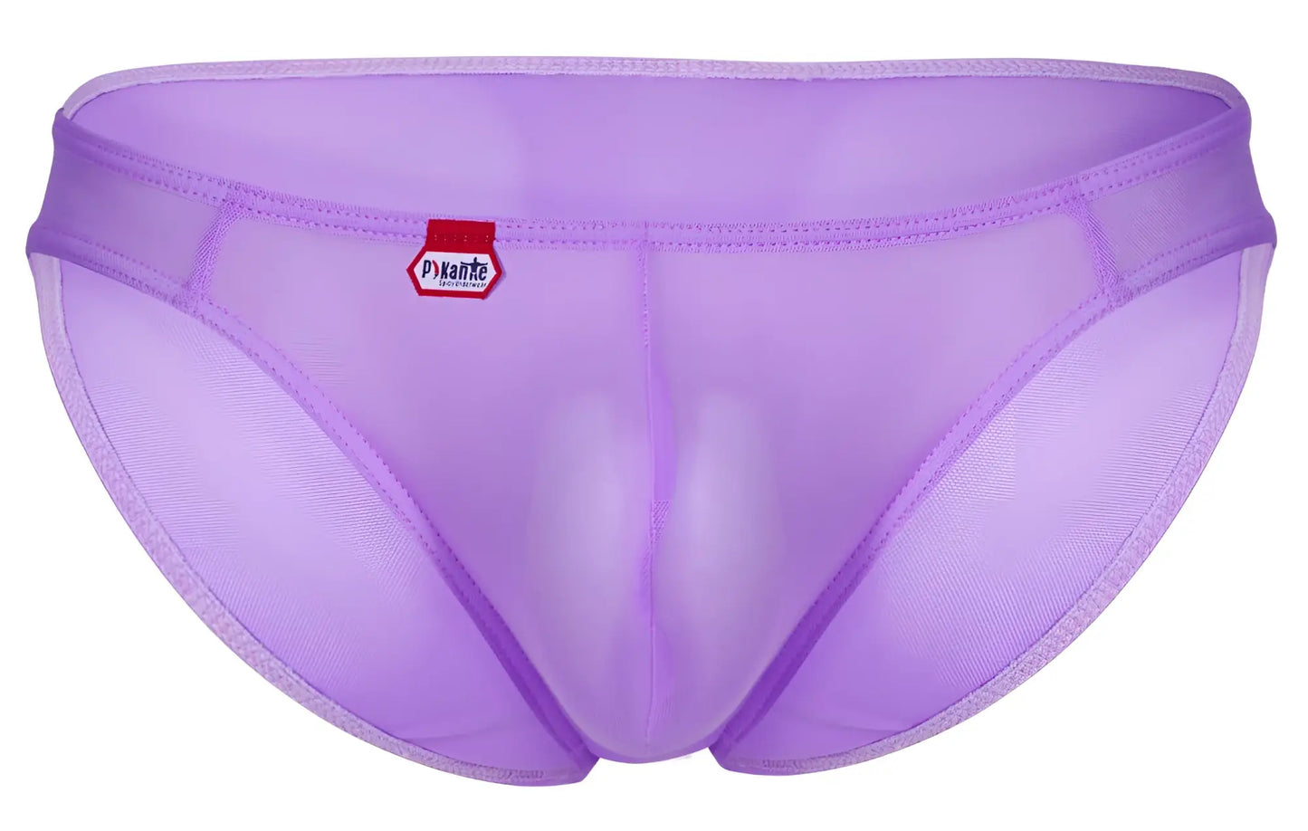 Purple sheer mesh briefs with a red and white pikante brand tag on the waistband luxury lilac underwear