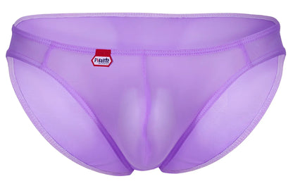 Purple sheer mesh briefs with a red and white pikante brand tag on the waistband luxury lilac underwear