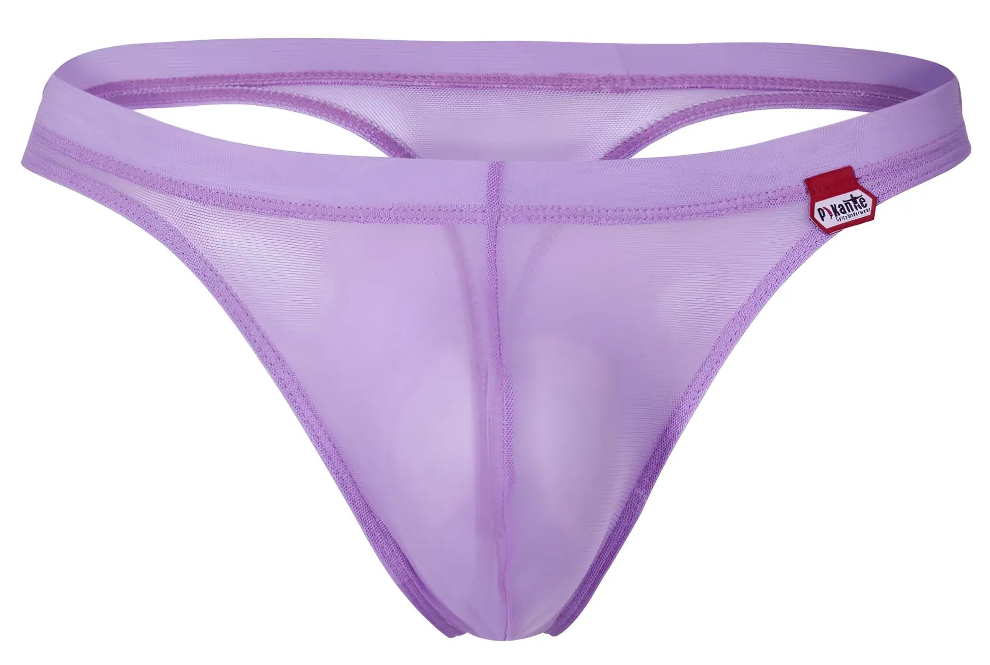 Lavender mesh thong with a red and white pikante brand tag on the waistband luxury lilac color pik 1823 model