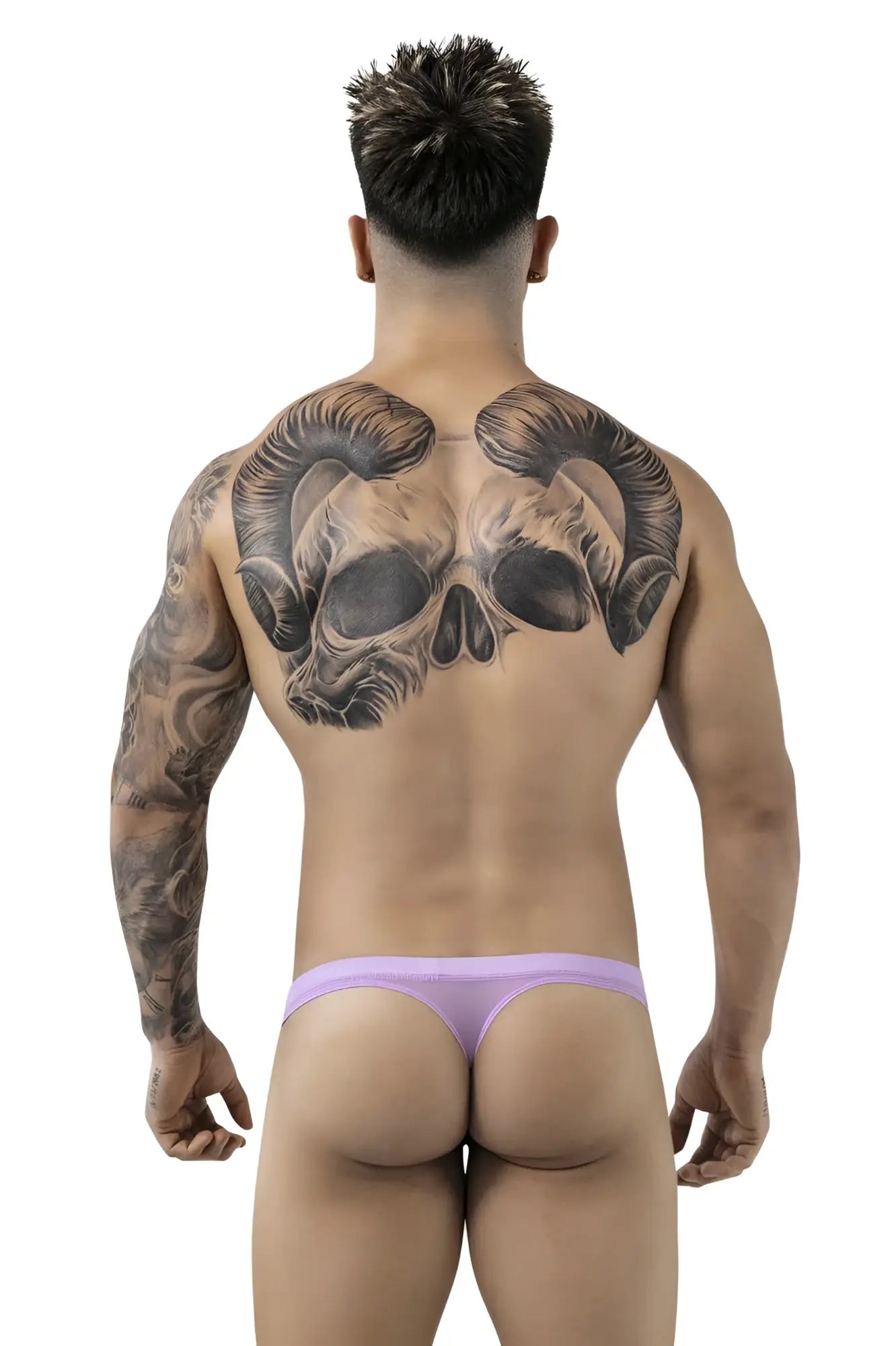 A man wearing a lavender-colored form-fitting pikante pik 1823 luxury thong showing the back side