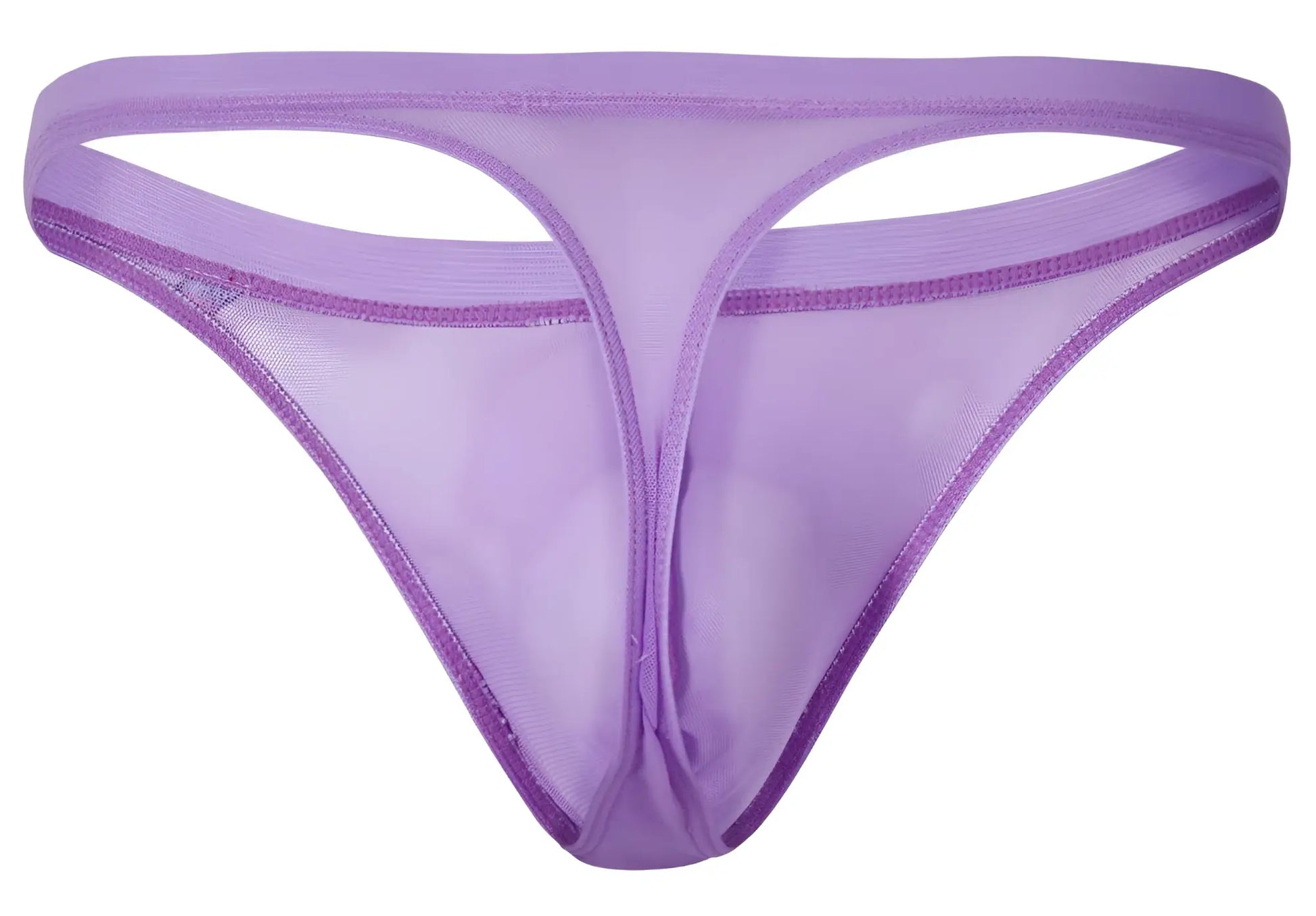 Purple sheer mesh thong with solid purple elastic waistband and trim from pikante pik 1823 luxury thongs lilac