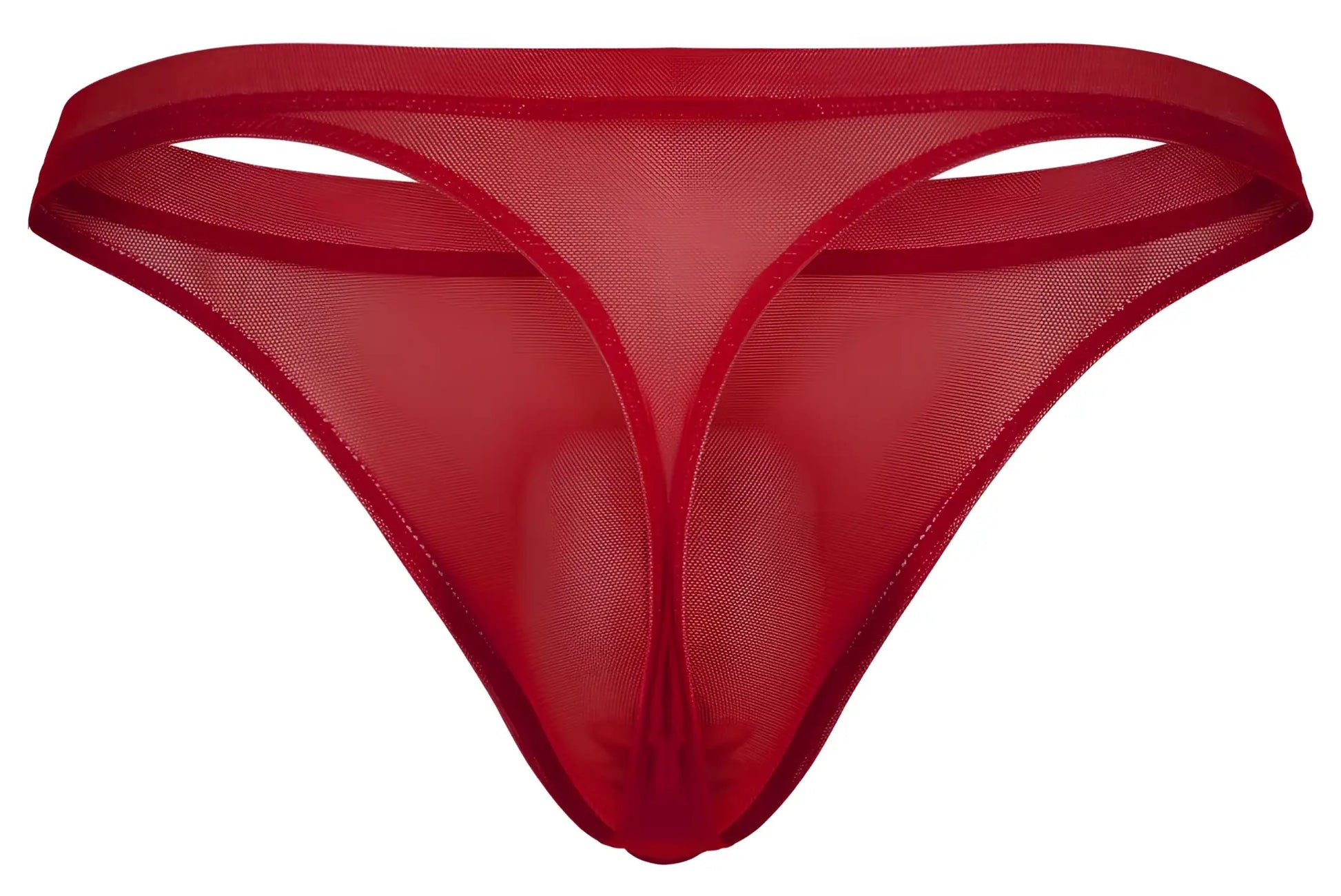 Red sheer mesh thong with smooth opaque trim along edges from Pikante PIK 1823 luxury thongs color red