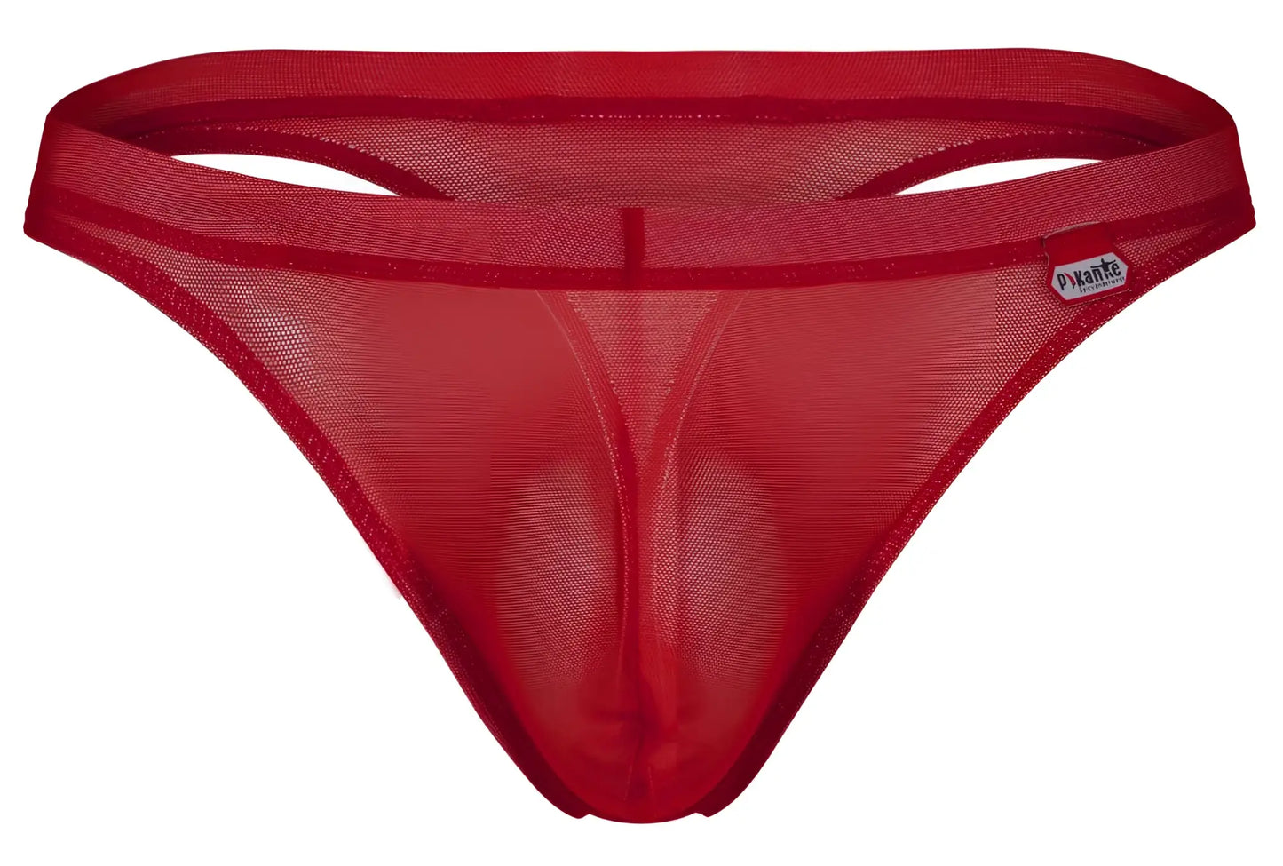 Red sheer mesh thong with solid red elastic waistband and small brand tag on the side pikante pik 1823 luxury thongs color red