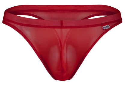 Red sheer mesh thong with solid red elastic waistband and small brand tag on the side pikante pik 1823 luxury thongs color red