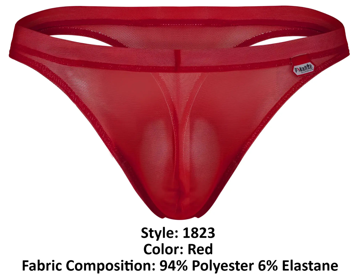 Red sheer mesh thong with solid red elastic waistband from pikante pik 1823 luxury thongs collection