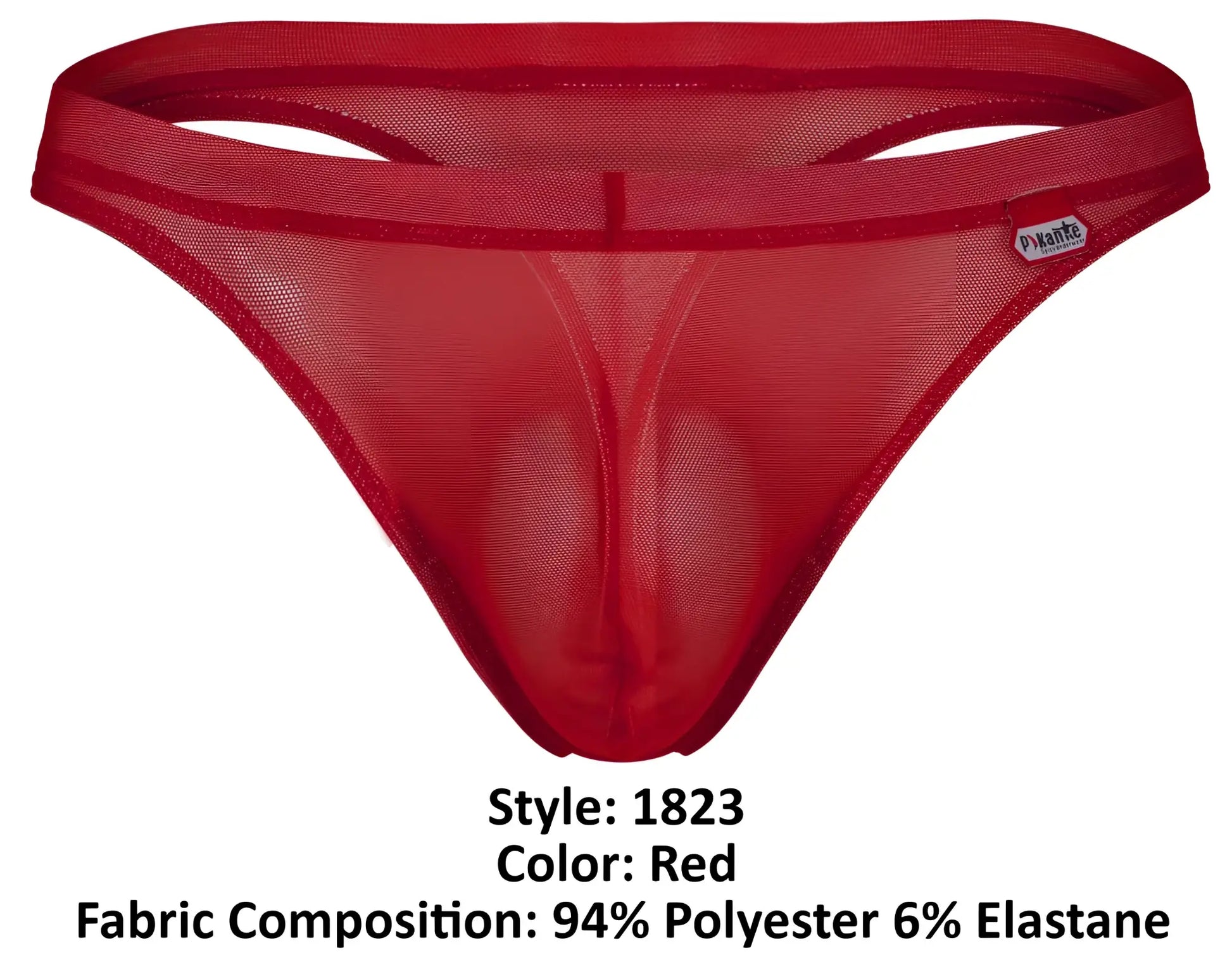Red sheer mesh thong with solid red elastic waistband from pikante pik 1823 luxury thongs collection