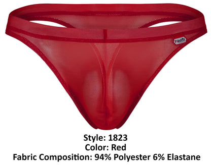 Red sheer mesh thong with solid red elastic waistband from pikante pik 1823 luxury thongs collection