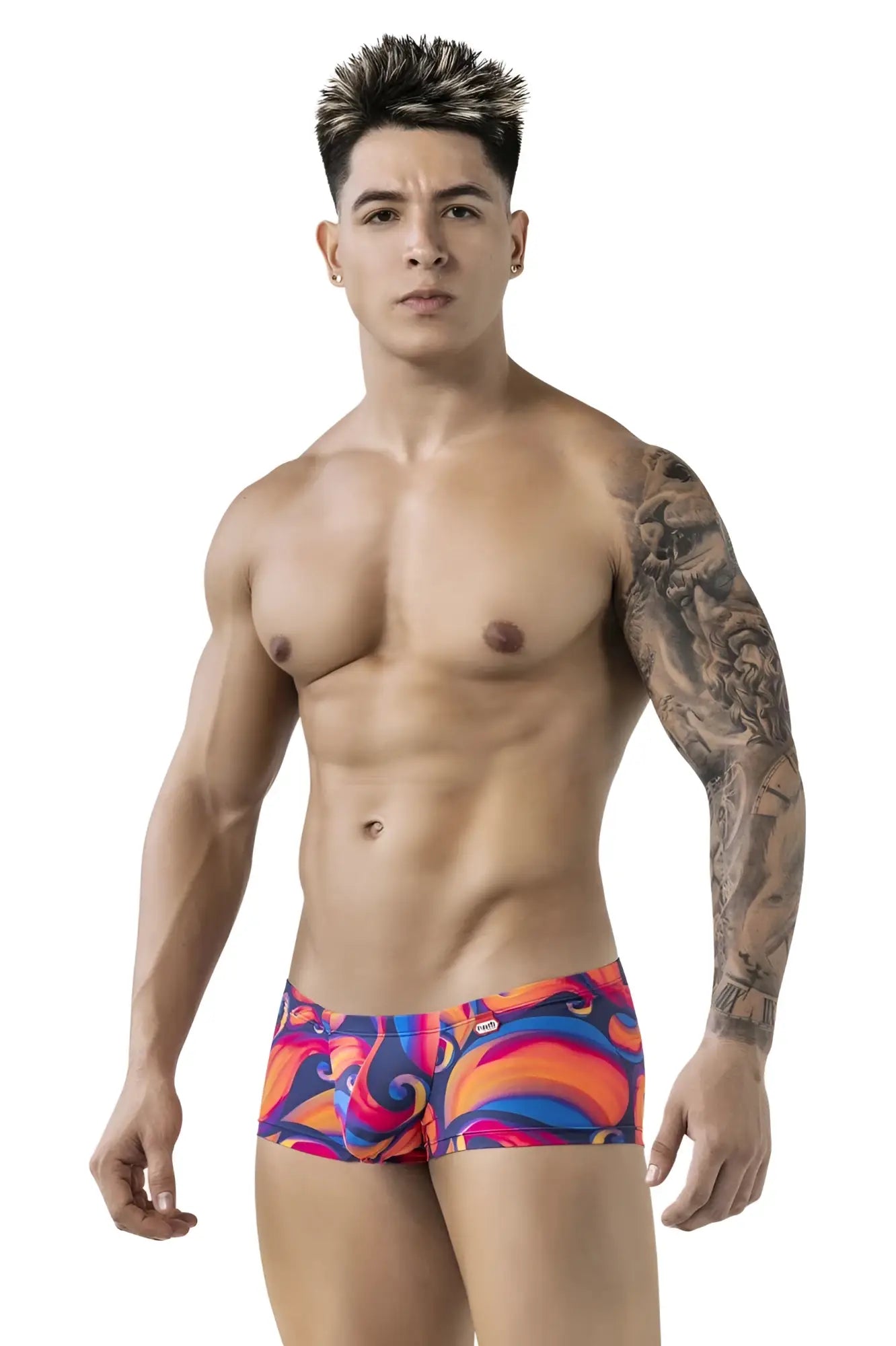 Vibrant pikante pik 1826 kracent trunks in bold orange with blue and purple abstract swirl patterns for men
