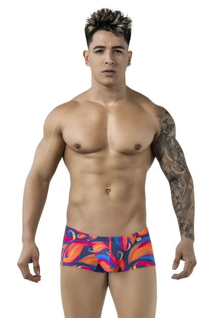 Vibrant pikante pik 1826 kracent swim trunks in bold orange blue and purple with abstract pattern for beachwear