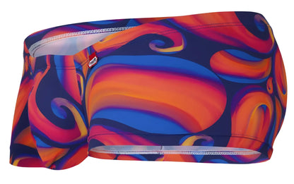 Vibrant pikante pik 1826 kracent swim trunks in bold orange blue and purple swirl pattern with elastic waistband