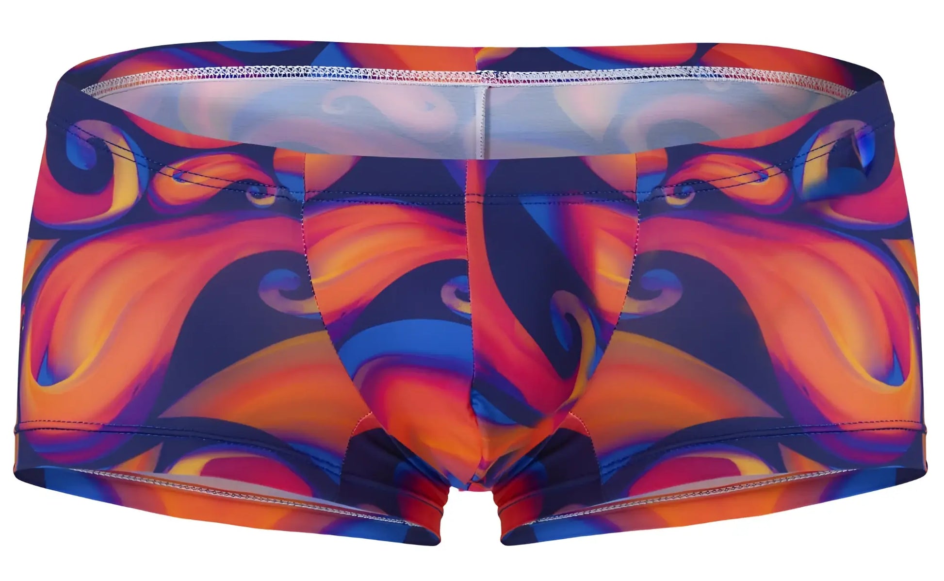 Pikante PIK 1826 Kracent swim trunks in bold orange and blue abstract swirl pattern for vibrant beachwear