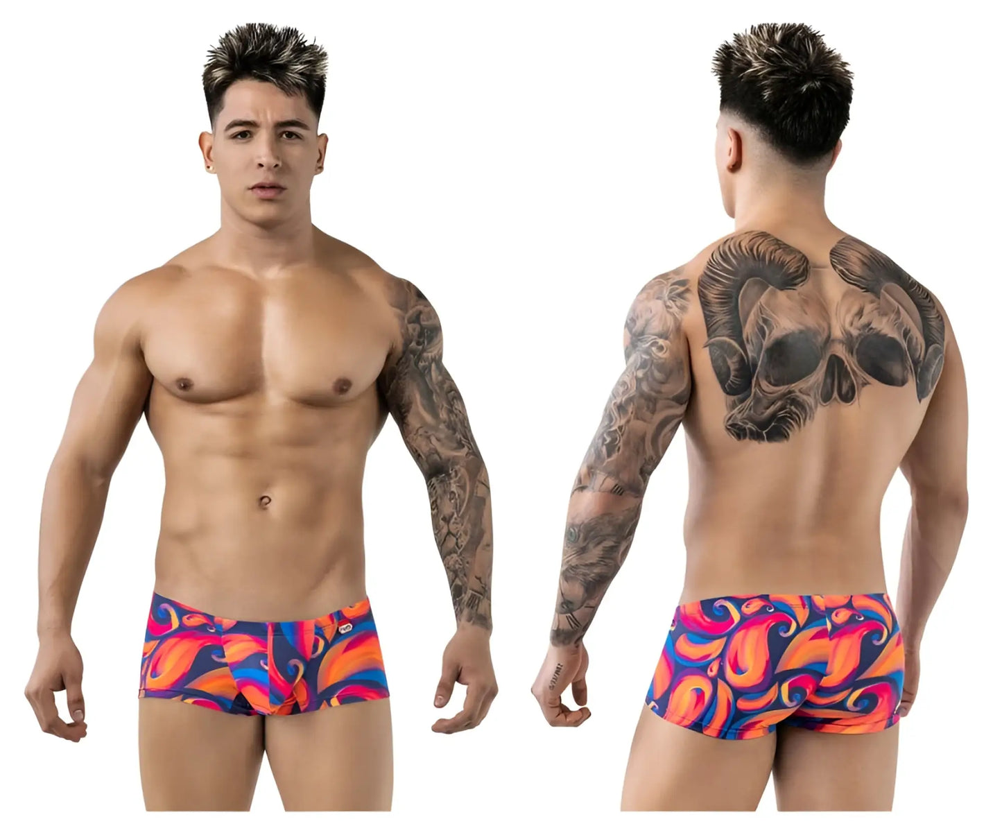 Vibrant pikante pik 1826 kracent swim trunks in bold orange with blue and purple flame patterns for beachwear
