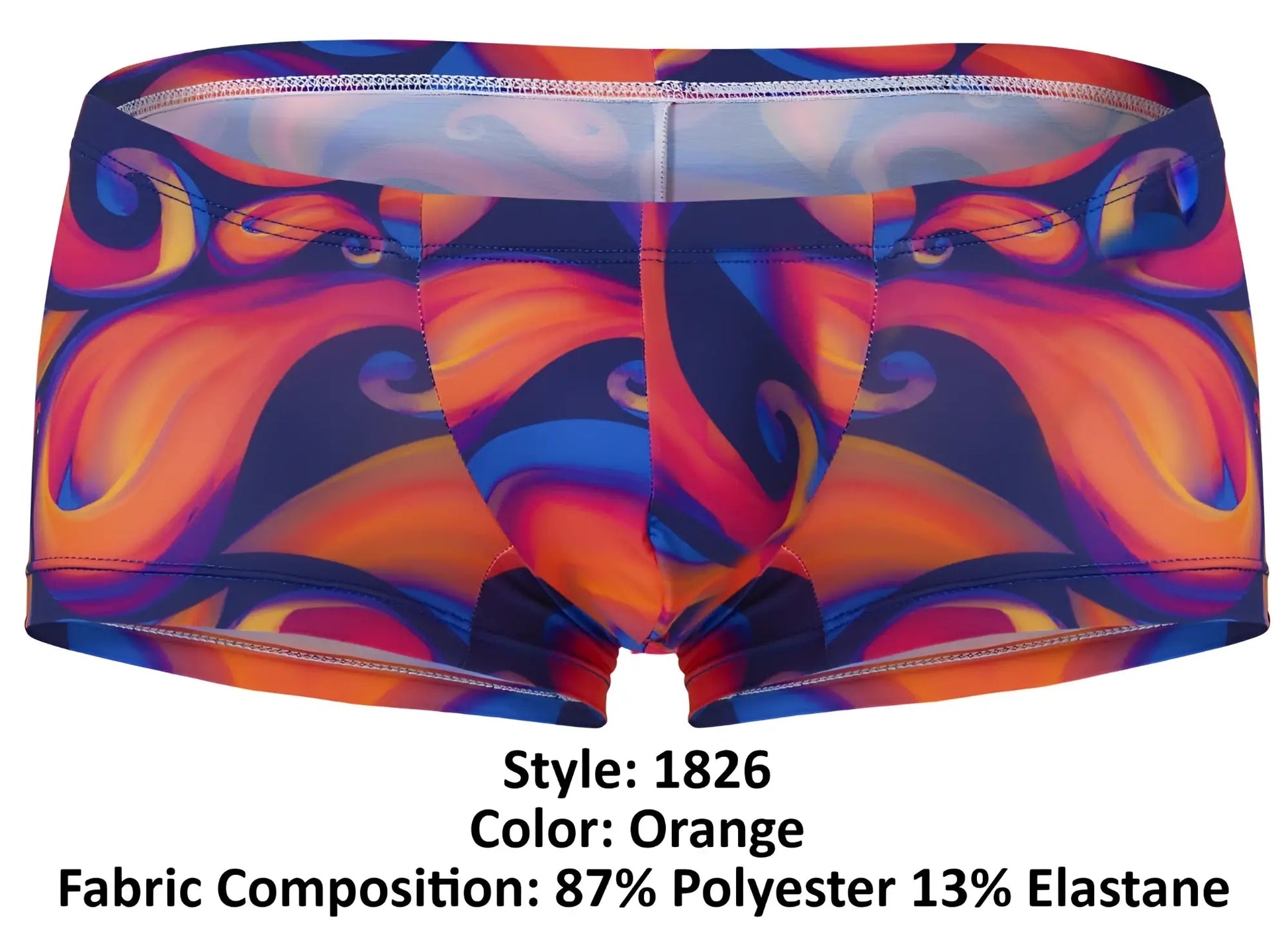 Vibrant orange pikante pik 1826 kracent swim trunks with psychedelic blue purple and red swirl pattern