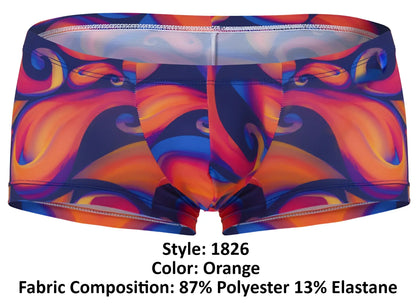 Vibrant orange pikante pik 1826 kracent swim trunks with psychedelic blue purple and red swirl pattern