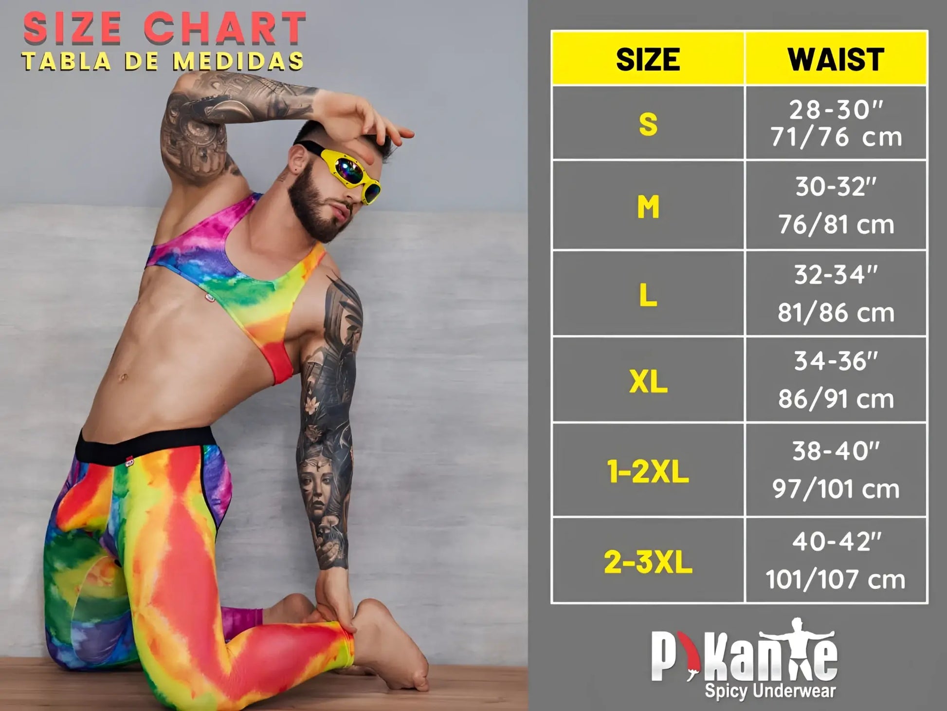 Rainbow tie-dye athletic wear set by Pikante featuring PIK 1828 abstract trunks in green for active use