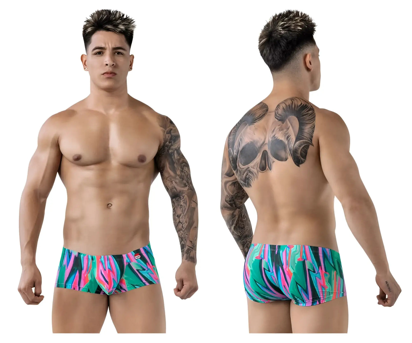 Vibrant pikante pik 1828 abstract swim trunks with neon green pink and blue patterns for bold summer style