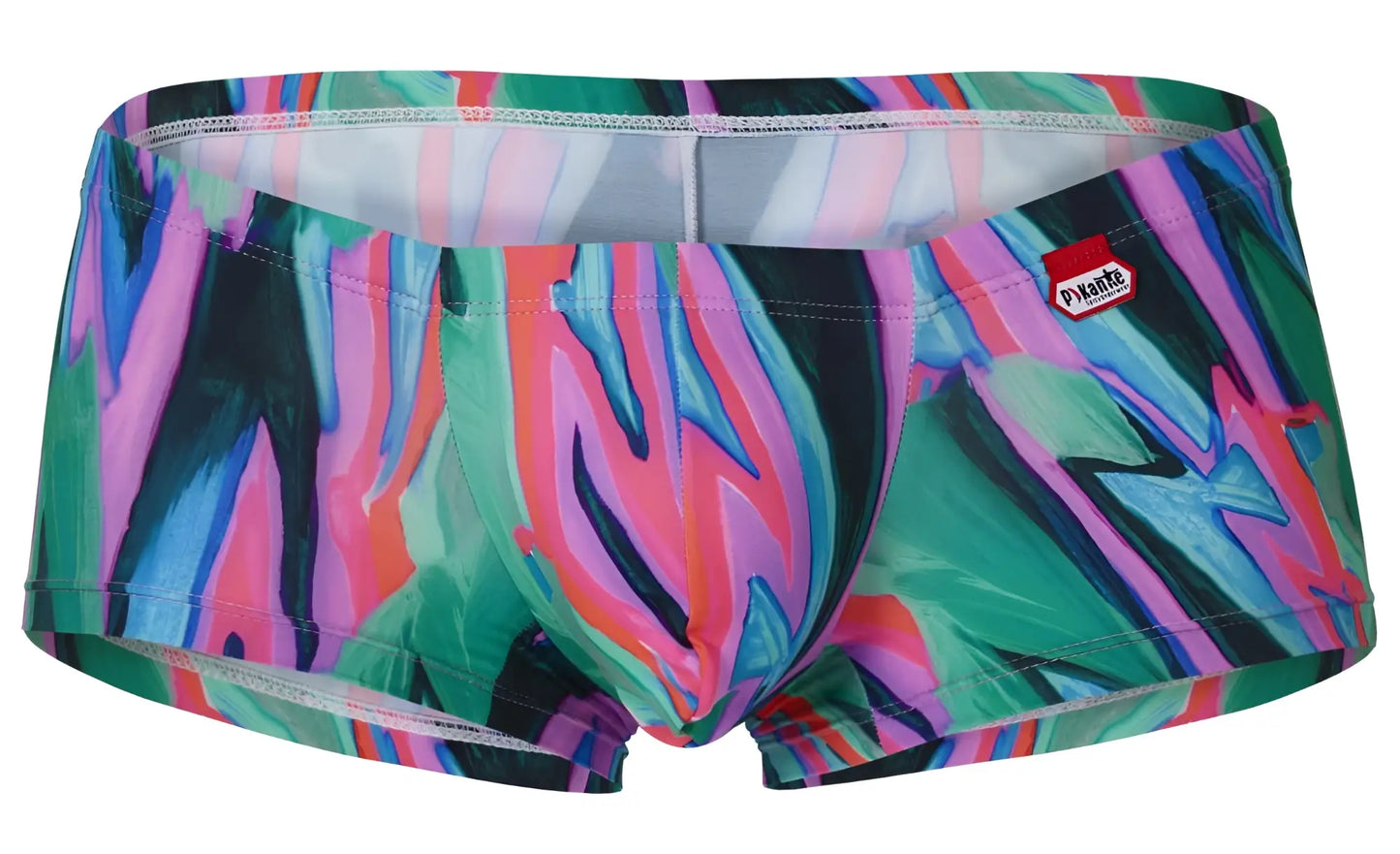 Vibrant abstract-patterned pikante pik 1828 men’s swim trunks in bold green pink blue and black with a glossy finish