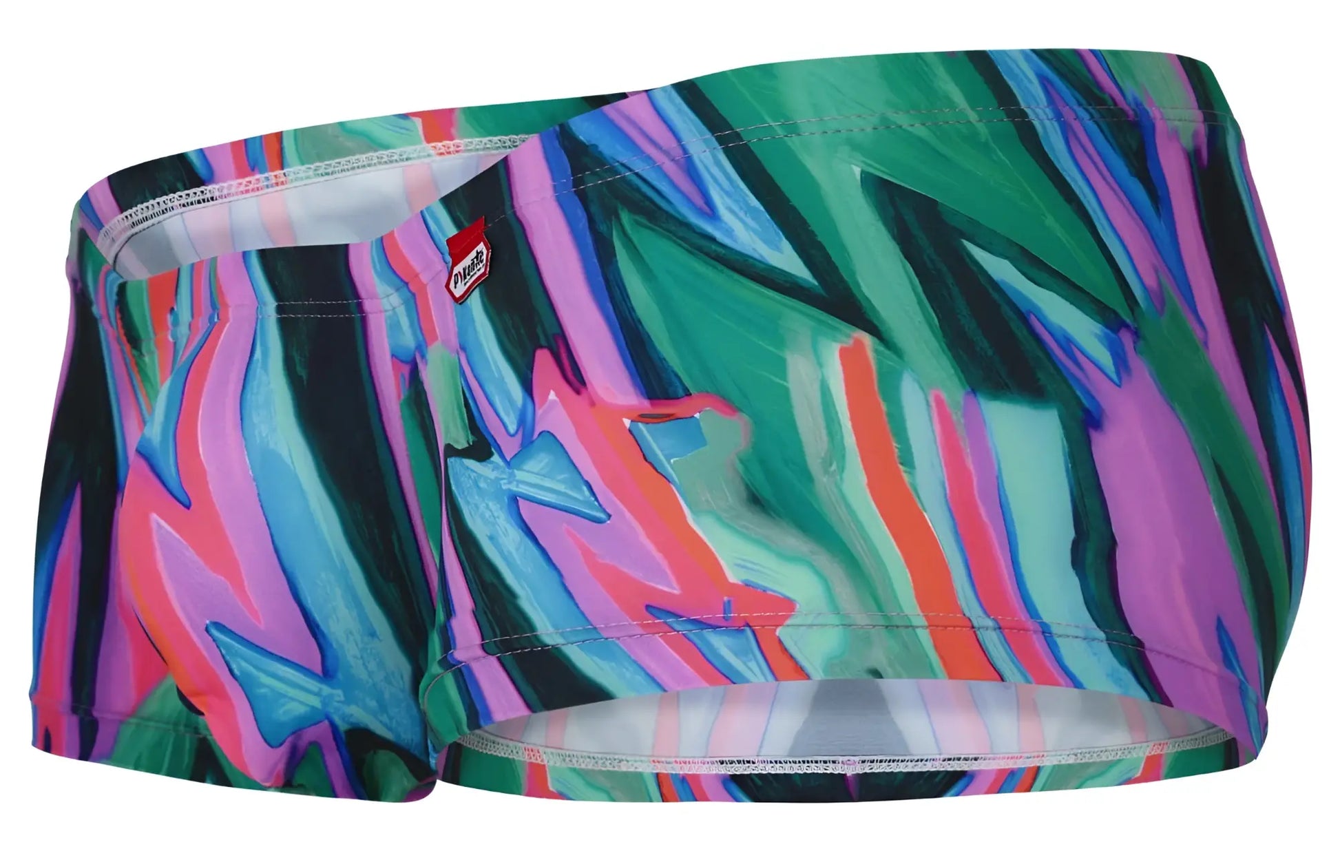Pikante PIK 1828 abstract trunks in vibrant green with bold multicolor patterns and a glossy finish for swim use