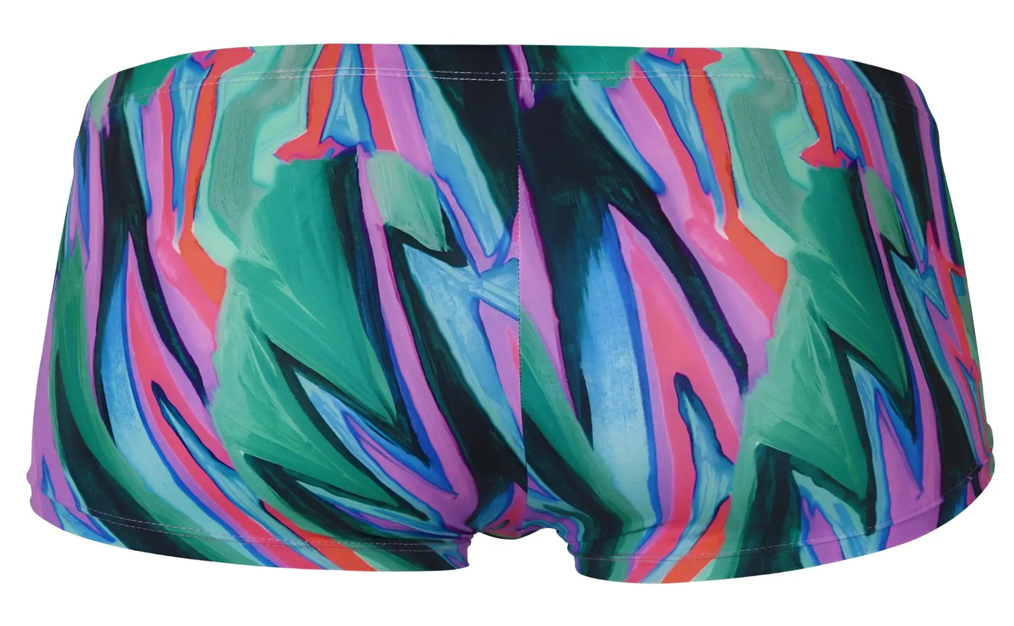 Pikante PIK 1828 abstract trunks in vibrant green with bold pink and blue brushstroke patterns for swimwear use