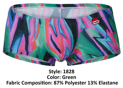 Vibrant green pikante pik 1828 abstract swim trunks with bold pink blue and teal swirl pattern for beachwear