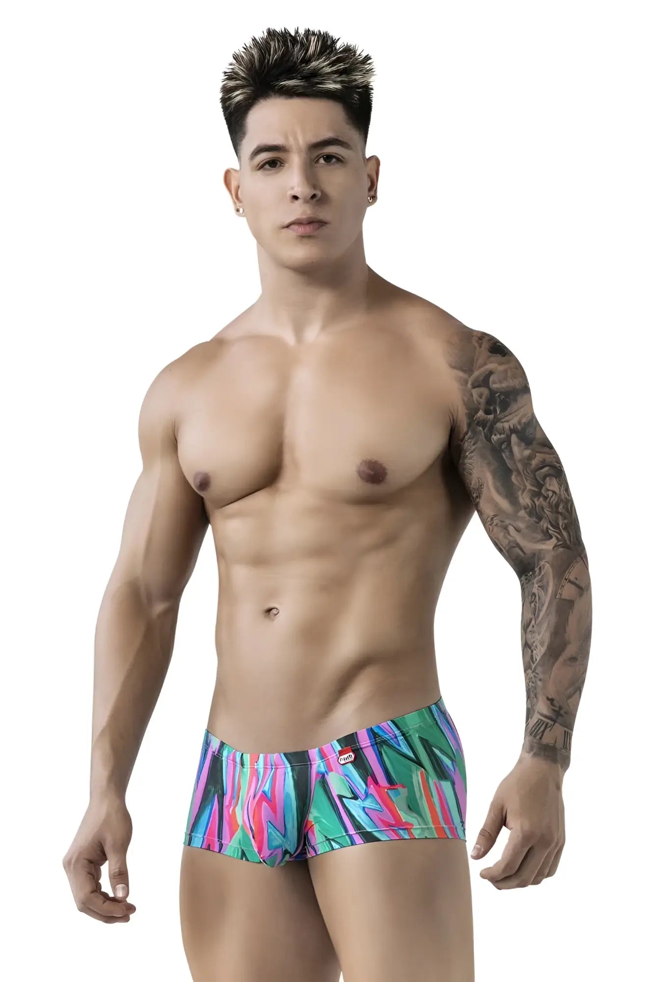 Vibrant tropical print swim trunks pikante PIK 1828 in bold pink green and blue hues with abstract design
