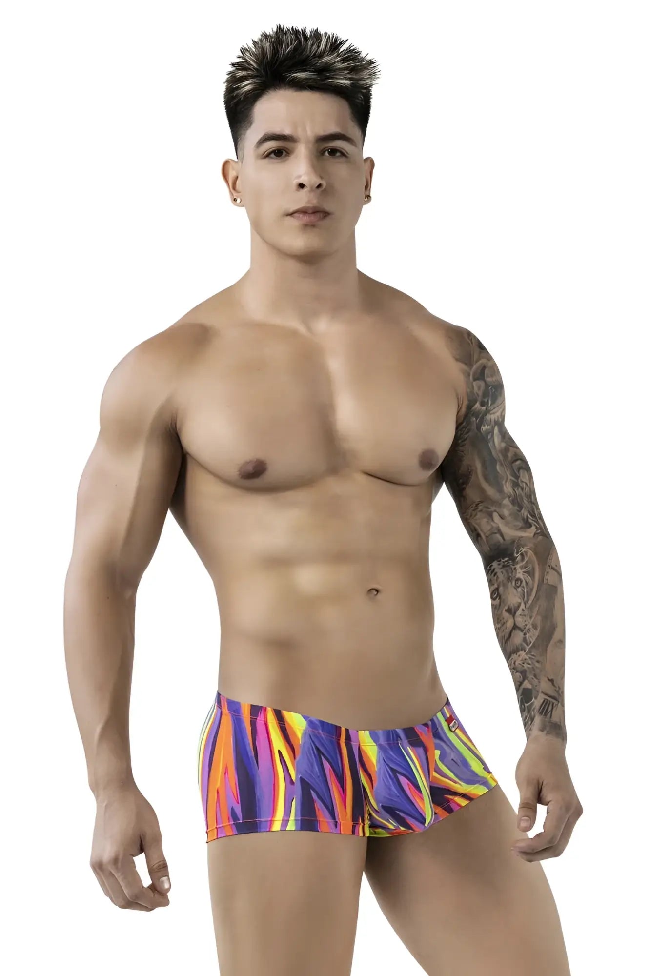 Pikante pik 1828 abstract trunks color purple vibrant flame patterned men’s briefs in bold purple orange and yellow hues