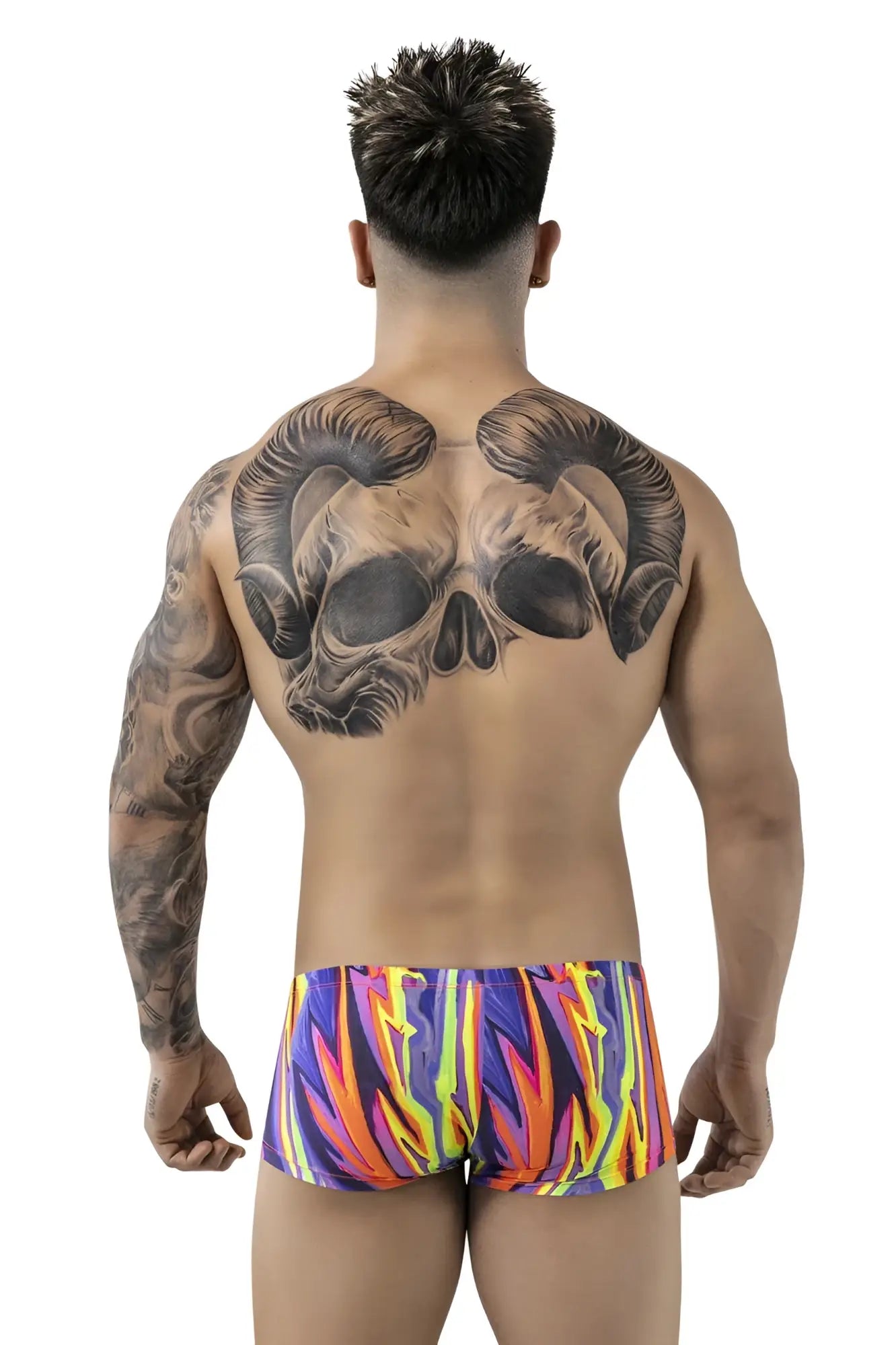Vibrant flame-patterned swim trunks in purple orange yellow and blue from pikante pik 1828 abstract trunks color purple collection