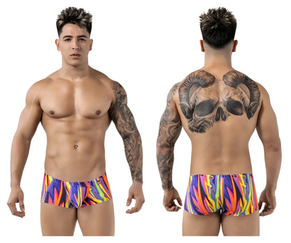Vibrant pikante PIK 1828 abstract trunks in purple with bold neon multicolored flame patterns for swimwear