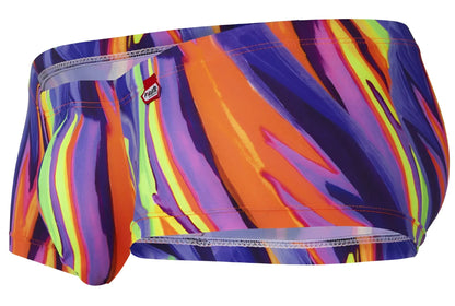 Pikante PIK 1828 abstract trunks in purple featuring vibrant multicolored bold stripe pattern swim trunks