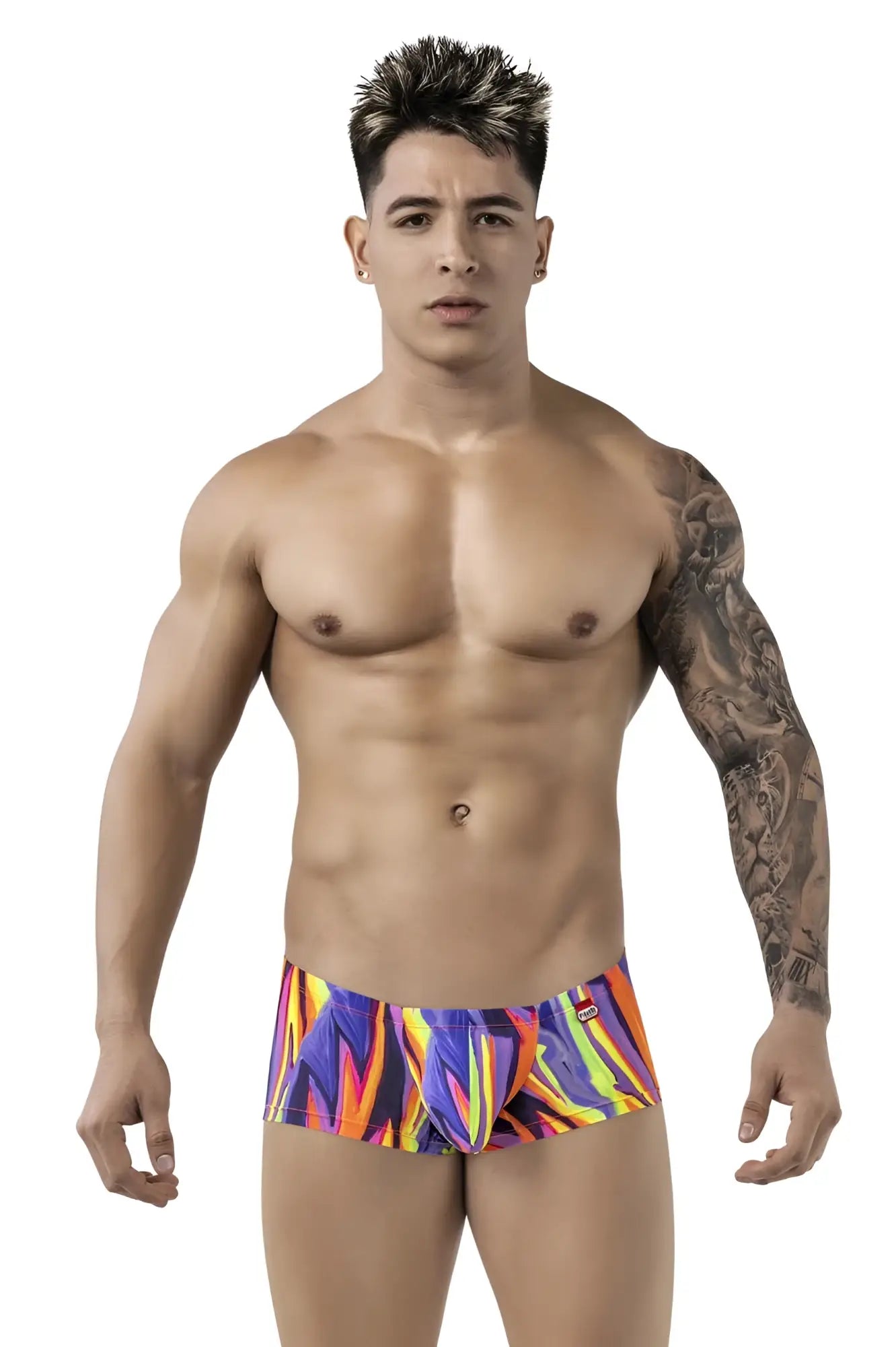 Vibrant pikante pik 1828 abstract trunks in purple featuring a bold geometric pattern in multicolored shades